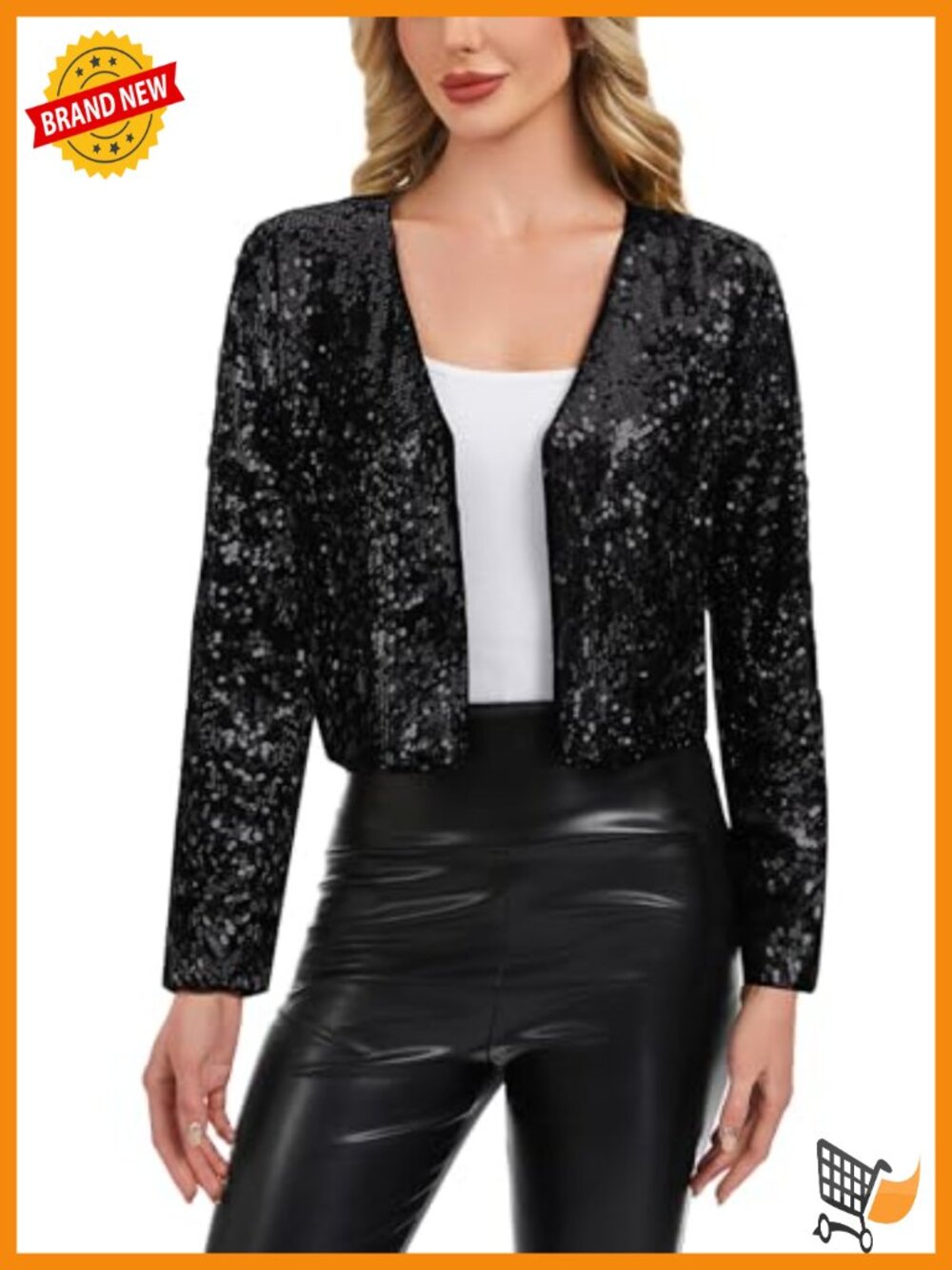 Sparkly Sequin Long Sleeve Cropped Blazer Bolero Shrug Open Front Party Clubwear